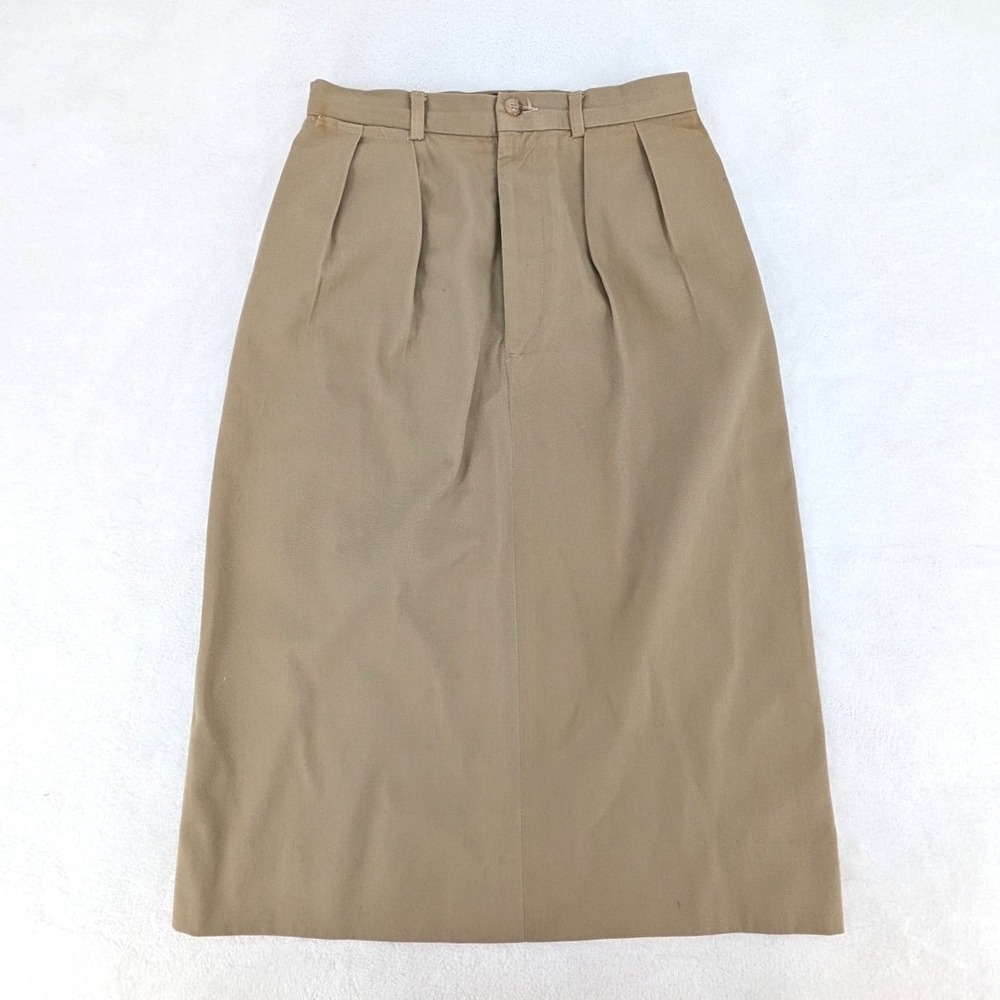 Ralph Lauren Vintage Khaki Pleated Midi Skirt High Waisted‎ Cotton Twill 24"
